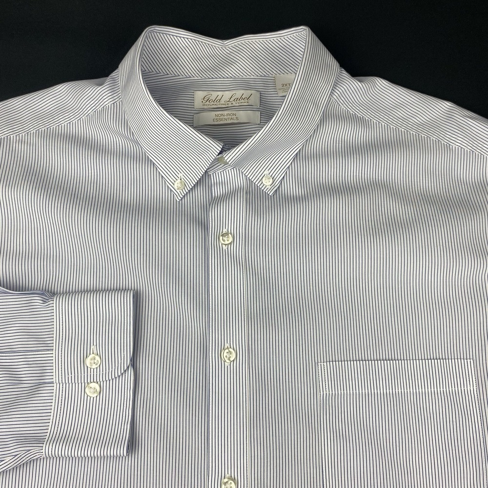 Roundtree & Yorke Gold Label Shirt Mens 2XT White w/Blue Pinstripes Non Iron